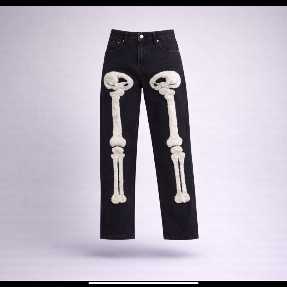 🖤 Statement black jeans with raised fuzzy skeleton appliqué bold unforgettable